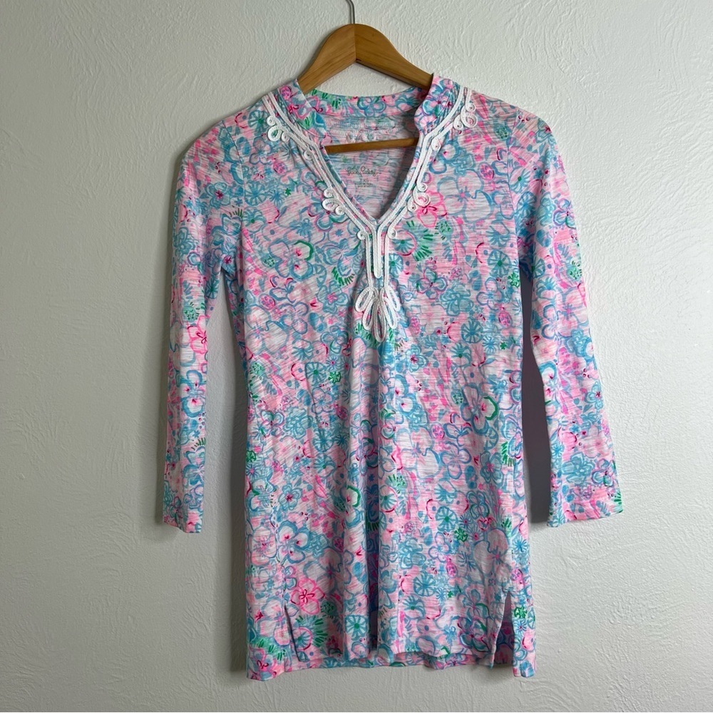 Lilly Pulitzer Resort White Love Bug Cotton 3/4 Sleeve Kaia Tunic Top Sz XXS